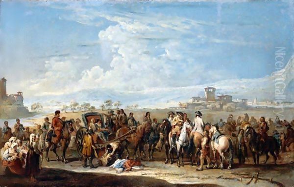 A Landscape With An Elegant Couple In A Carriage Being Held Up By Horsemen, Other Villagers Nearby by Francesco Simonini