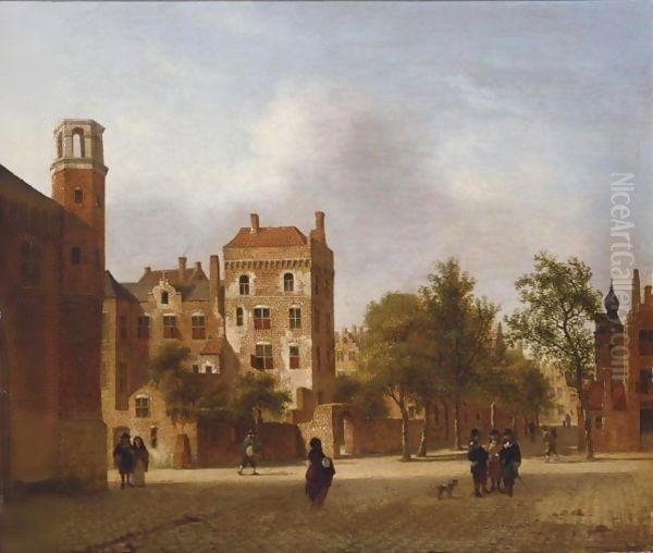 An Imaginary View Of A Town With Elegant Figures Strolling And Conversing On A Square by Jan Van Der Heyden