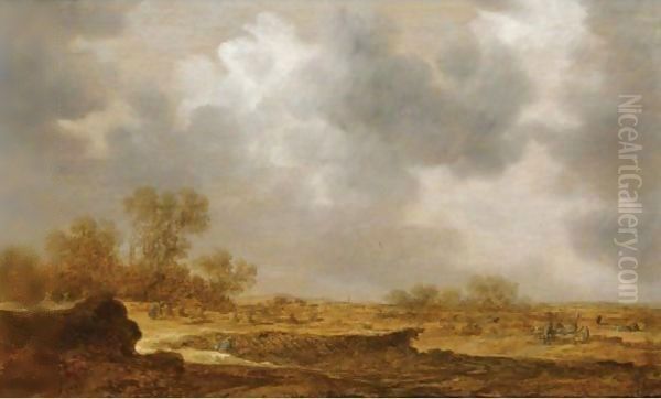 An Extensive Dune Landscape With A Peasant Woman Bailing Hay And Two Farmers Conversing To The Right by Jan van Goyen