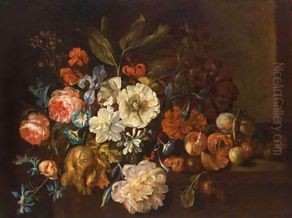 A Still Life Of Roses, Small Morning Glory, Tulips, Red Turban Cup Lilies, An Iris And Other Flowers by Justus van Huysum