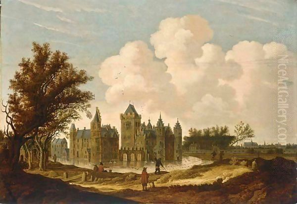 A View Of The Castle Of Egmond With Figures On A Path And Fishermen In Front Of The Castle by G. W. Berckhout