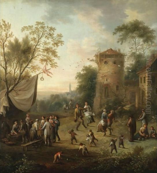 A Village Kermesse With Figures Dancing by Johann Christian Vollerdt or Vollaert