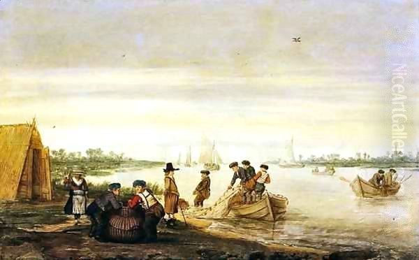 River scene with fishermen drawing nets by Barent Avercamp