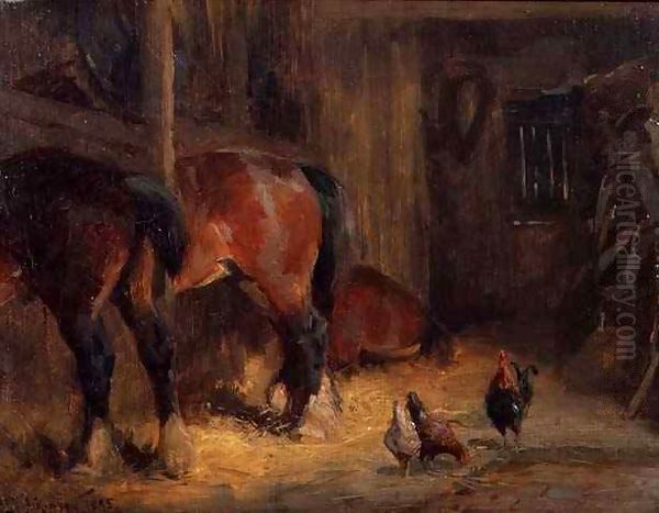 A Stable Interior with Horses and Chickens by John Atkinson