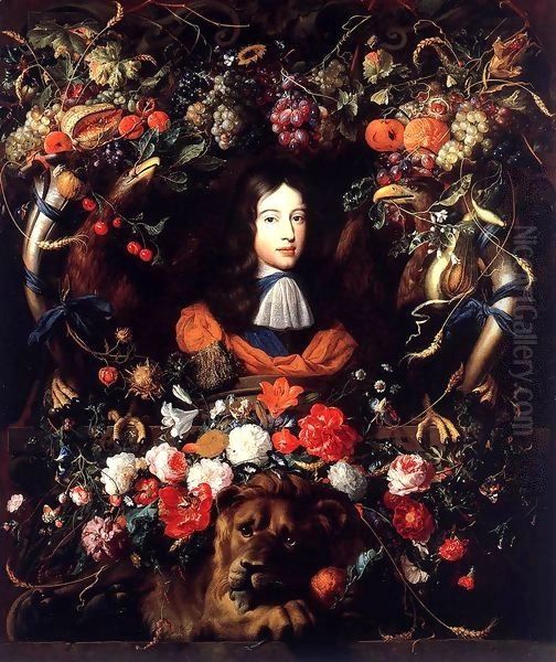 Garland of Flowers and Fruit with the Portrait of Prince William III of Orange by Jan Davidsz. De Heem