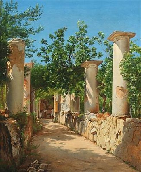 Italian Ancient Columns, In The Background Figures At The Well. Presumably From Capri by Carl Frederik Peder Aagaard