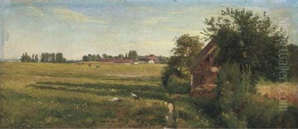 Herons Foraging In A Field, With Cattle Beyond by Carl Frederik Peder Aagaard