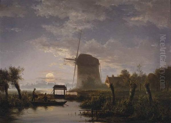 A Moonlit River Landscape With A Windmill And A Lock by Jacobus Theodorus Abels