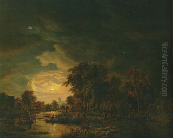 A Moonlit Wooded River Landscape With A Church In The Distance by Jacobus Theodorus Abels