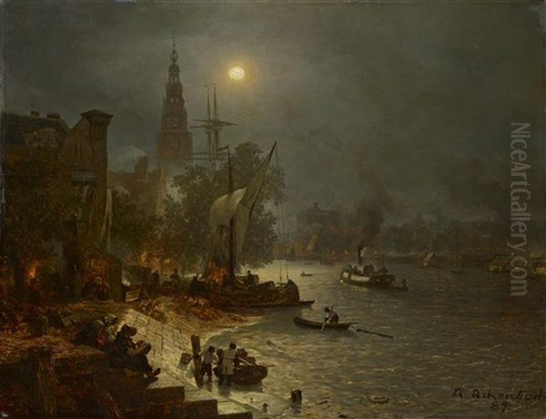 Nachtliches Treiben Im Hafen Von Amsterdam by Andreas Achenbach