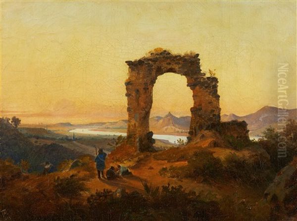 Evening View Of The Rhine Valley Seen From The Rolandsbogen by Andreas Achenbach