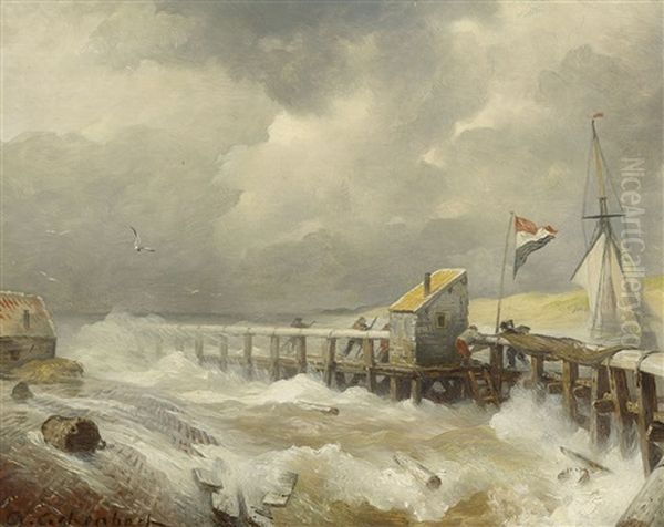 Storm At The Jetty by Andreas Achenbach