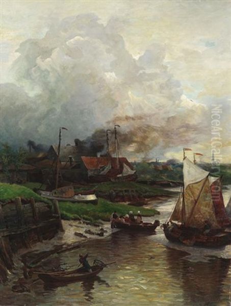 Aufliegende Boote In Einer Belgischen Hafenstadt by Andreas Achenbach