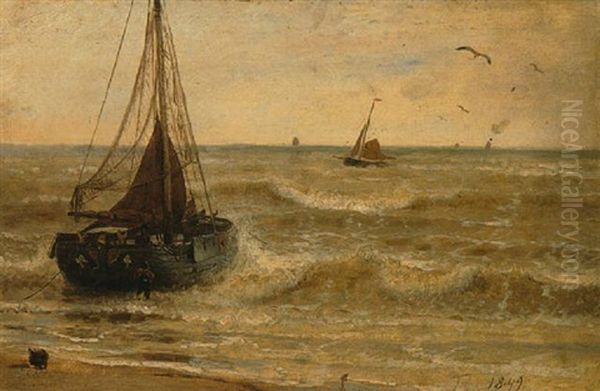 Fischerboote Am Strand Und Auf Der See by Andreas Achenbach