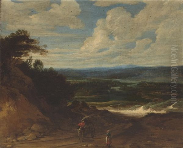 A Landscape With Figures And A Wagon On A Track In The Foreground by Lucas Achtschellinck