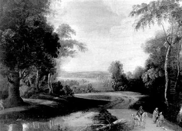 Cavalier Et Paysans Sur Un Chemin Pres D'une Riviere Dans Un Paysage Boise by Lucas Achtschellinck