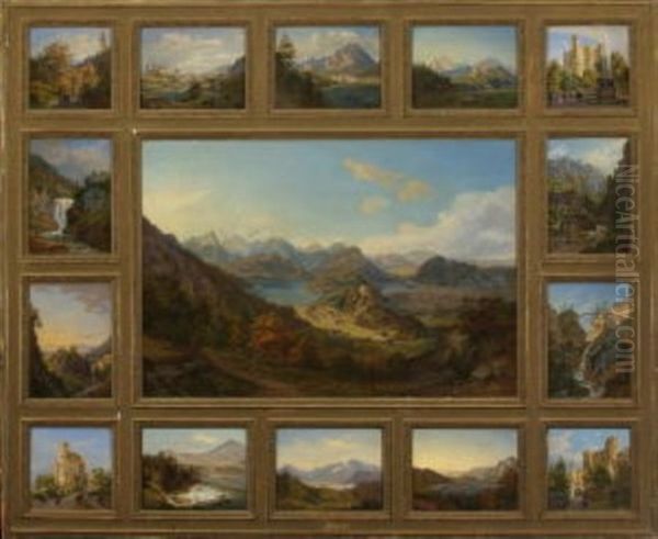 Blick Auf Schloss Hohenschwangau Mit Alp- Und Schwansee (+ 14 Others, 15 Works Framed Together) by Heinrich Adam