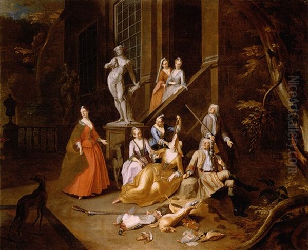 A Portrait Group Of An Elegant Hunting Party, Resting Before A House by Arnold (van Haecken) Aken