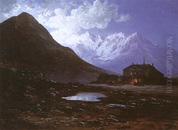 La Halte Des Voyageurs Le Soir Au Col Du Lautaret by Frederic Hugo d' Alesi