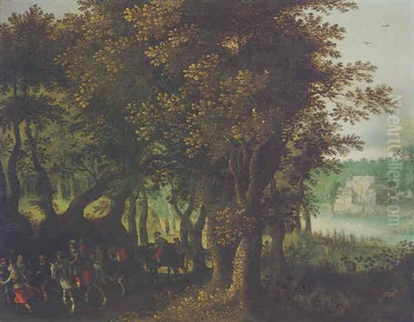 A Wooded Landscape With Soldiers On A Track, A Manor House Set On The Edge Of A Lake Beyond by Denis van Alsloot