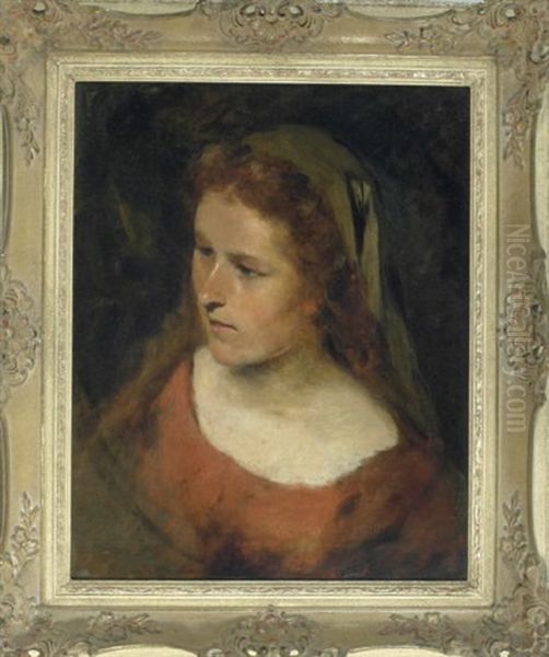 Portrait Eines Jungen Madchens Im Roten, Schulterfreien Kleid Mit Schleier Uber Den Langen, Offenen Haaren by Theodor Alt