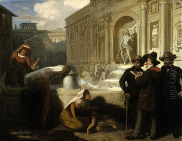 Selbstbildnis Mit Kunstlerfreunden An Der Fontana Di Trevi In Rom by Wilhelm August Lebrecht Amberg