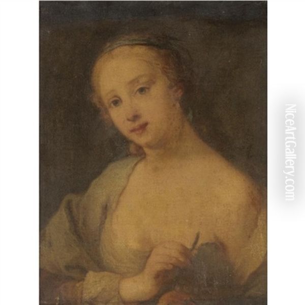 Portrait Of A Lady, Head And Shoulders, Holding A Vine Leaf Said To Be A Princess Of Ferrara by Jacopo Amigoni