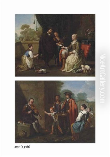 A Man Paying A Seamstress For Her Services; A Fiddler And A Quacksalver With Other Figures Outside A House (pair) by Antonio Mercurio Amorosi