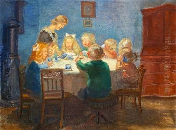 A Blue Interior With A Children's Party At Skagen by Anna Kirstine Ancher