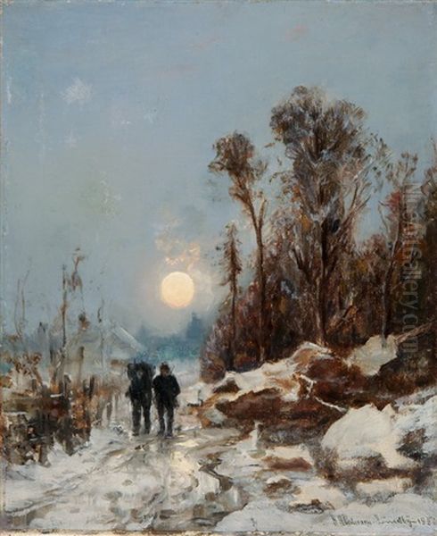 Winterliche Mondnacht Mit Heimkehrenden Jagern by Anders Andersen-Lundby