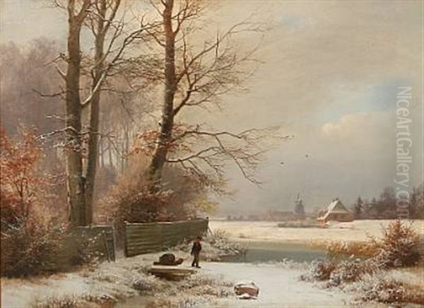 Winter Landscape With A Young Man And His Sled by Anders Andersen-Lundby