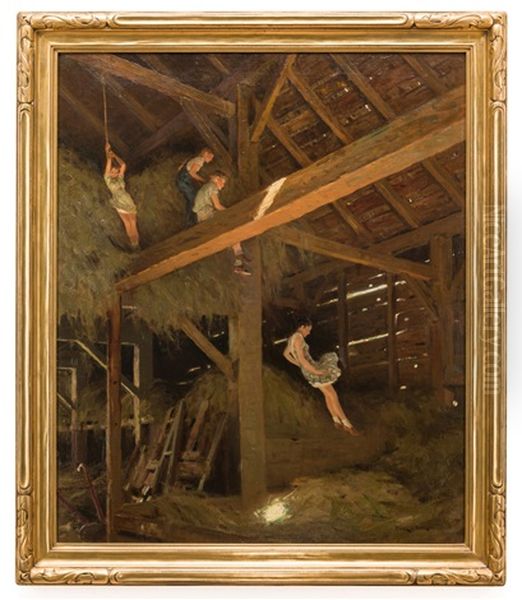 Barn Swallow - Children Playing In Hay Loft by Victor Coleman Anderson