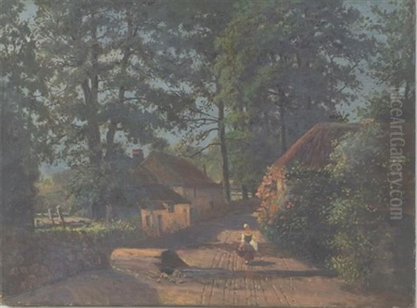 Small Woodland Cottages With Female Figure by W. Livingston Anderson