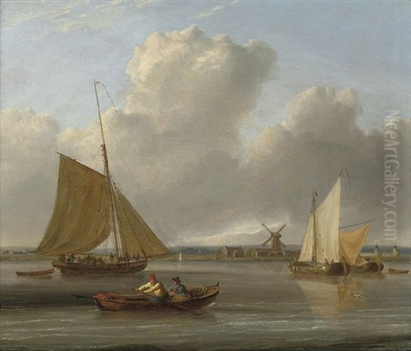 The Ferry Crossing (+ A Crowded Cutter And Fishing Barges On The Estuary; Pair) by William Anderson