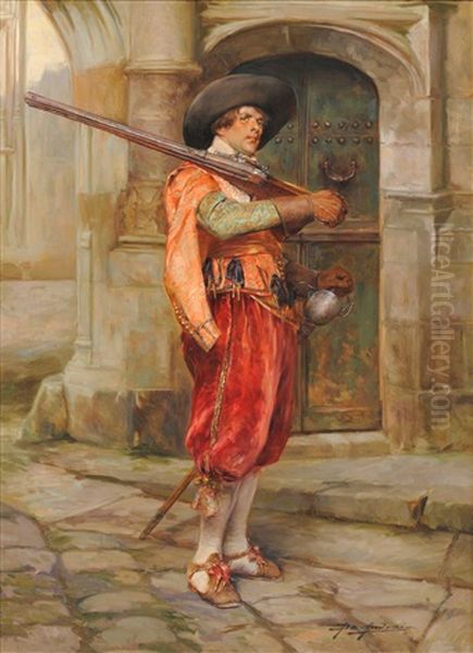 Soldier Standing Beside A Doorway, Wearing 17th/18th Century Costume, Holding A Gun Across His Right Shoulder by Alex De Andreis