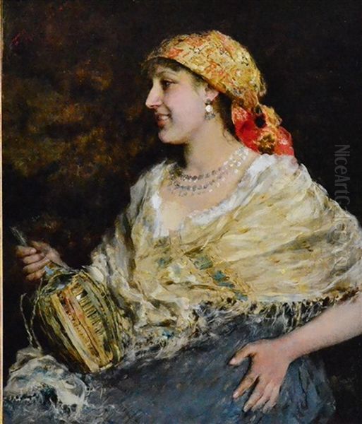 Portrait Of A Gypsy Woman, Head And Shoulders, Holding A Bottle Of Wine Encased In A Fiasco Basket by Federico Andreotti