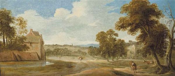 A Wooded Landscape With Cattle And Travellers On A Track Before A Village On A Shore by Paolo Anesi