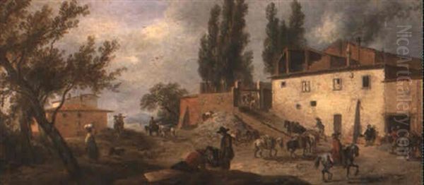 Figures And Horses Outside A Farm by Paolo Anesi