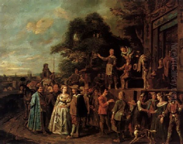 An Open-air Theatre On The Edge Of A Town With A Quack-doctor Performing To Townsfolk by Pieter Angillis