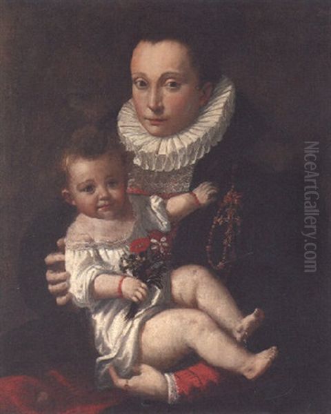 Portrait Of A Lady, Half Length, In Dress, Coat And Ruff Collar, With A Child, Holding A Sprig Of Flowers by Sofonisba Anguissola