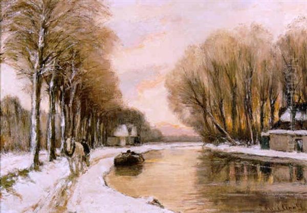 Winterladschap Met Huizen Langs Een Vaart by Louis Apol