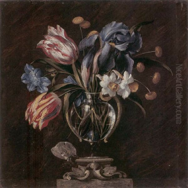 Tulips, Daffodils, Irises, And Other Flowers In A Glass Vase On A Sculpted Stand, With A Butterfly by Juan De Arellano