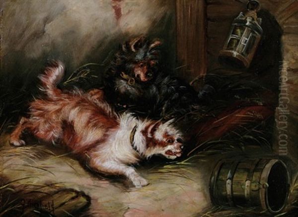 Two Terriers In A Barn by George Armfield