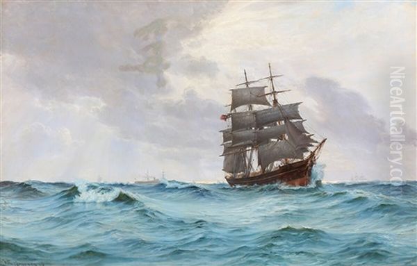 Seasacpe With A Danish Bark On The Open Sea And Sailing Ships And A Steamer In The Background by Vilhelm Karl Ferdinand Arnesen