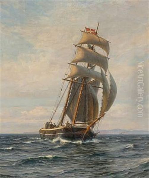 Sailing Ship With The Danish Flag On The Mast by Vilhelm Karl Ferdinand Arnesen