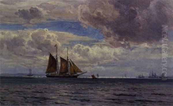 Sejlskibe Pa Havet. Solen Bryder Gennem Skyerne by Vilhelm Karl Ferdinand Arnesen