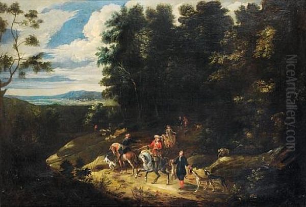 A Wooded Landscape With A Hunting Party On A Country Path by Jacques d' Arthois