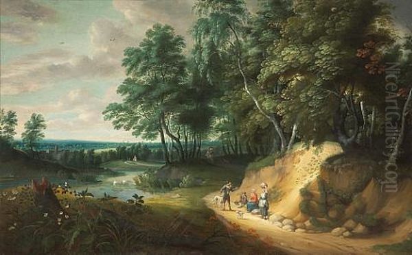 An Extensive Wooded Landscape With Figures Conversing On A Path by Jacques d' Arthois