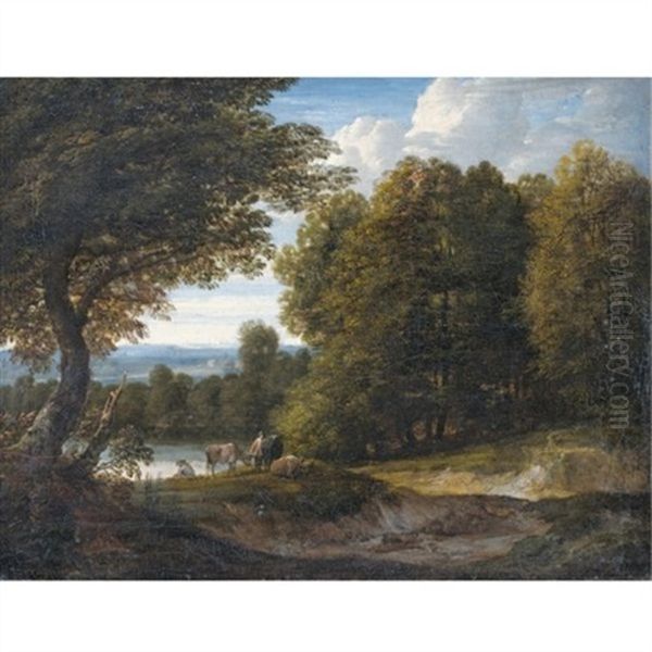 A Wooded River Landscape With Cattle And Two Figures by Jacques d' Arthois