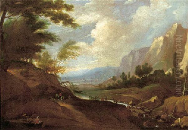 Travellers On A Path By A Torrent In A Mountainous Landscape by Jacques d' Arthois